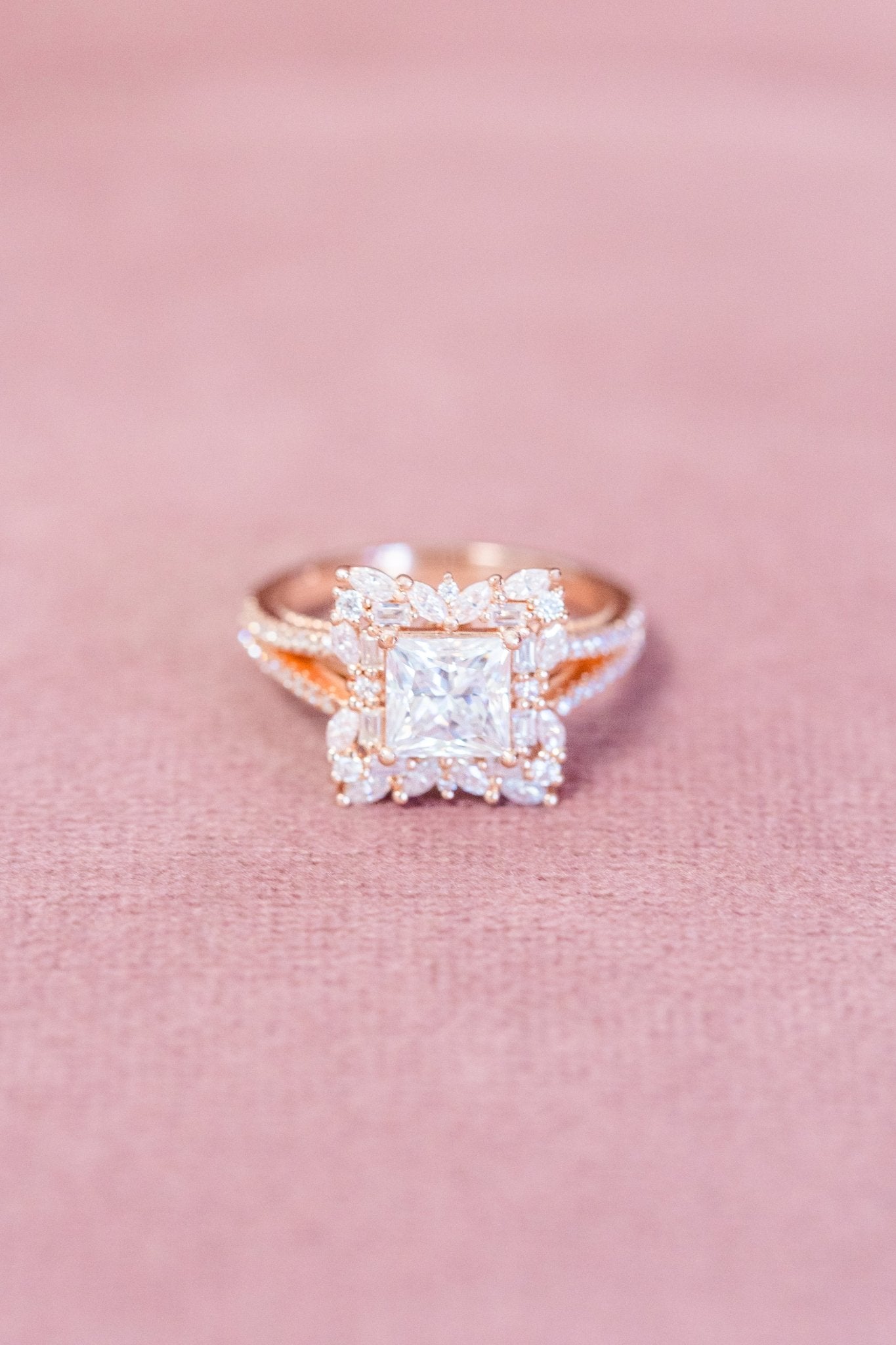 Princess Cut Moissanite Split Pavé Floral Halo Engagement Ring - Balacia