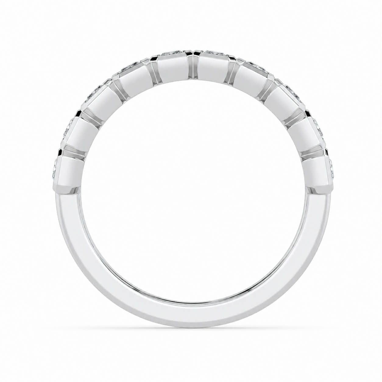 Radiant Diamond Bezel Half Eternity White Gold Band Full Side View
