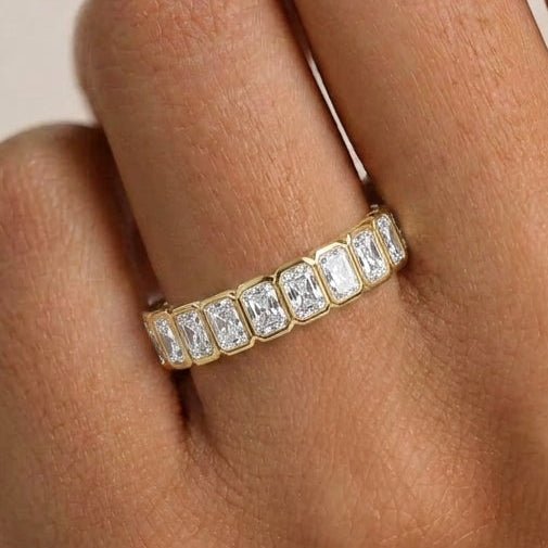 Radiant Diamond Bezel Half Eternity Band On Hand