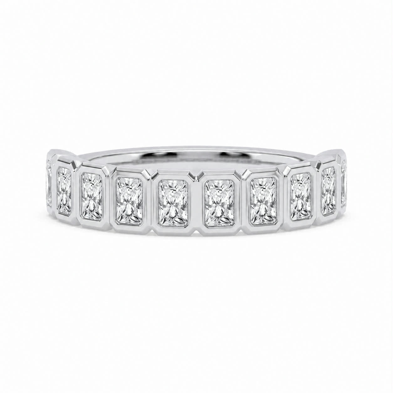 Radiant Diamond Bezel Half Eternity White Gold Band 