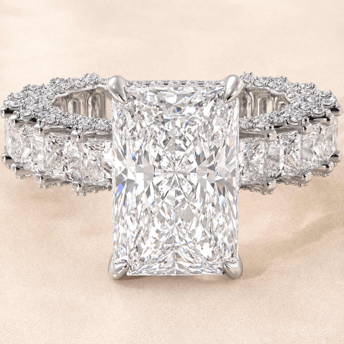 Radiant Cut Engagement Ring with Princess Cut Side Diamonds Iced Out