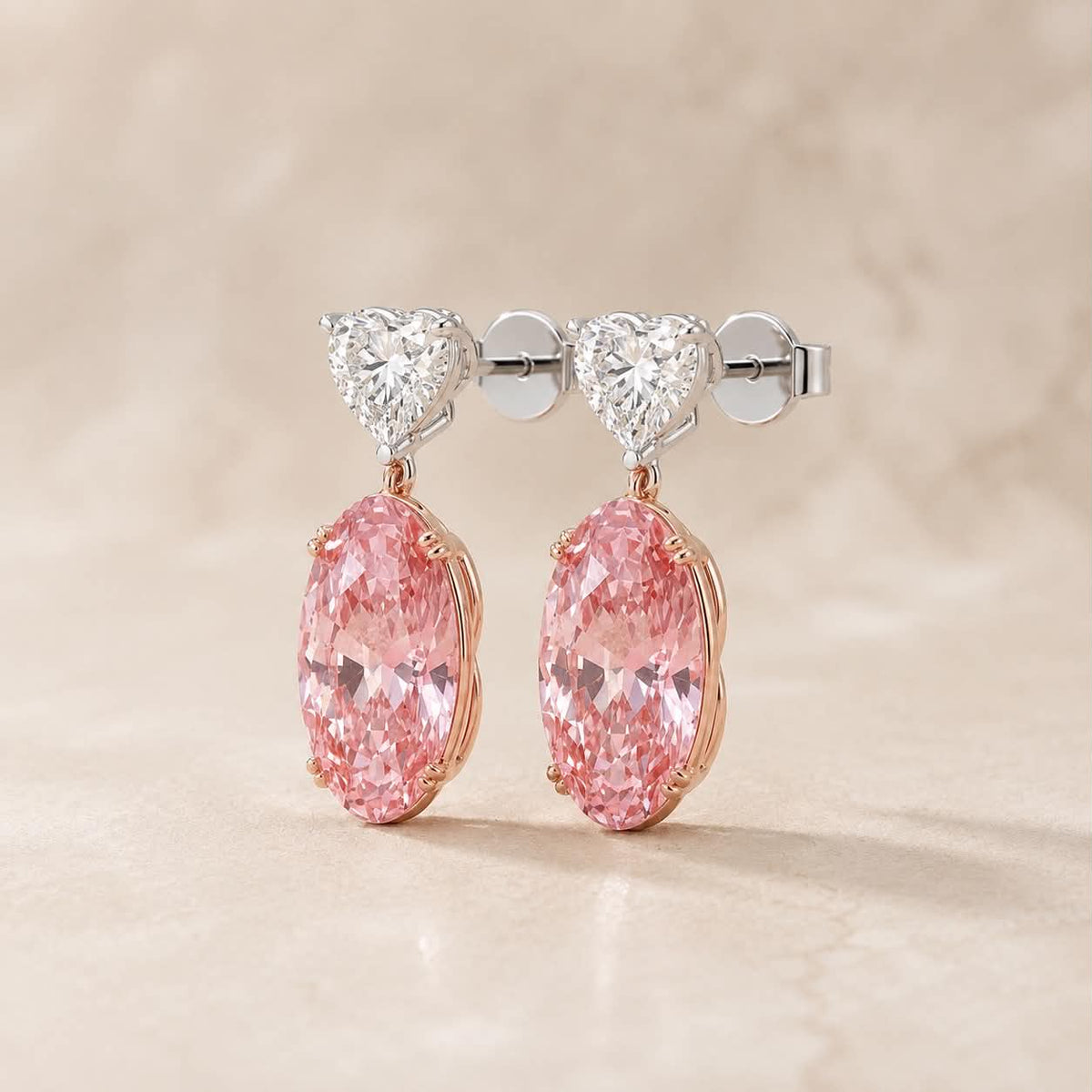 Romantic Pink Oval Diamond Earrings Side