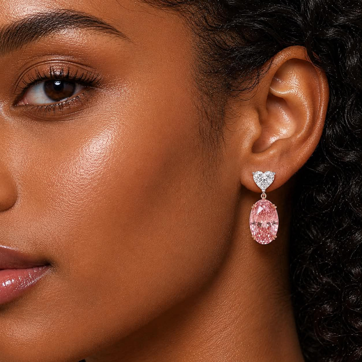 Romantic Pink Oval Diamond Earrings On Ear