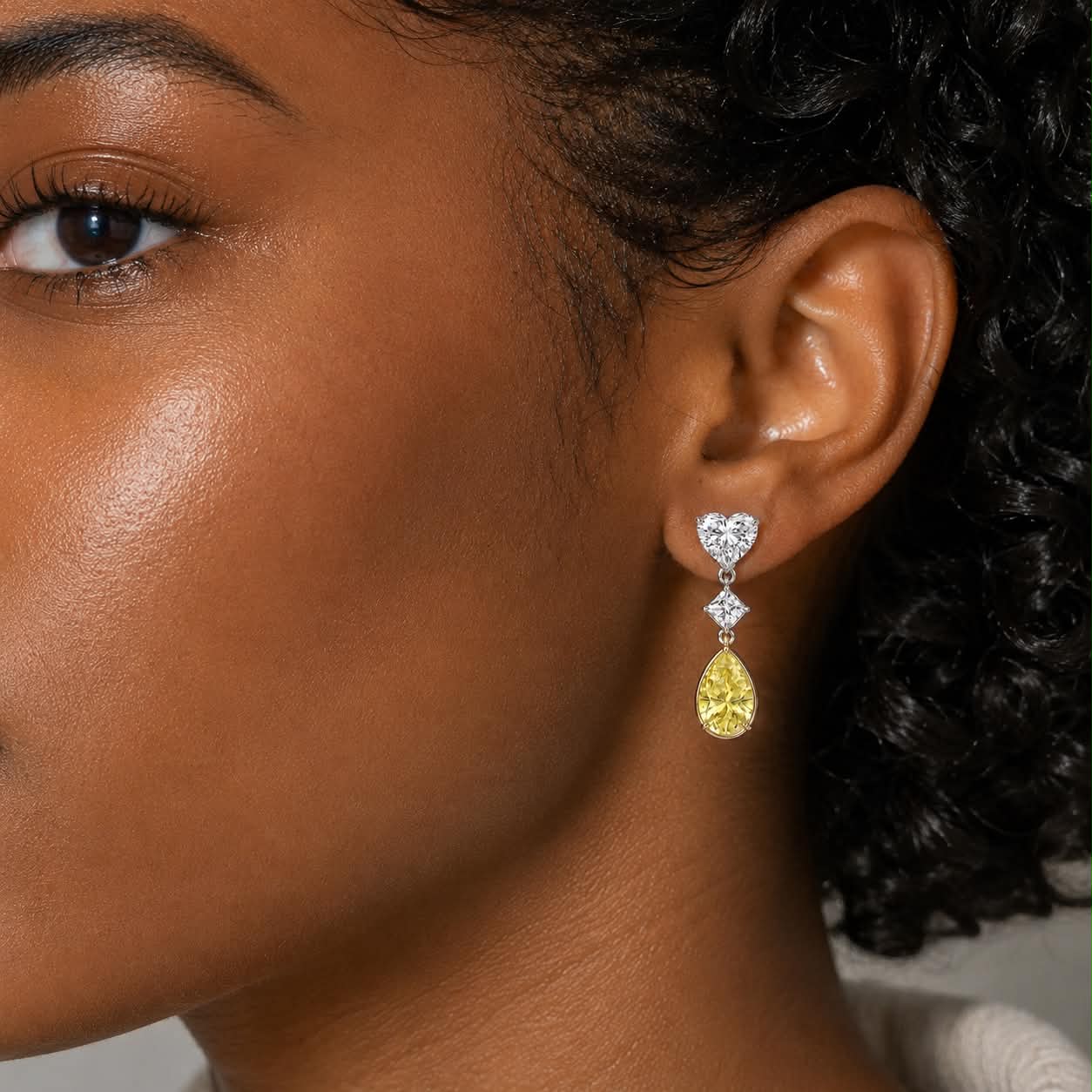 Romantic Yellow Pear diamond Drop Earrings On Ear