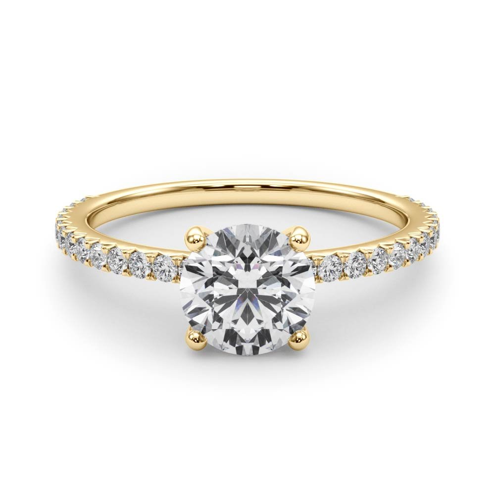 Round Cut Diamond Pavé Engagement Ring Yellow Gold Front