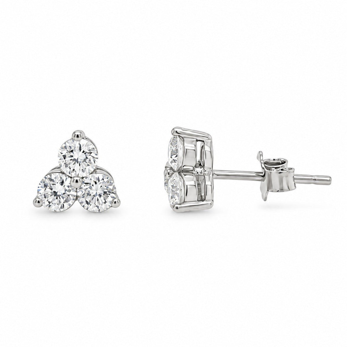 Round Diamond Trio Stud Earrings Side View