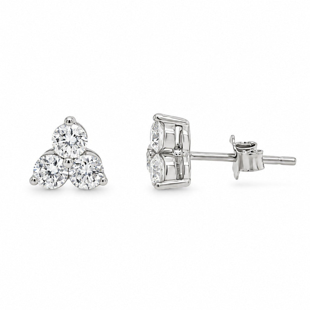 Round Diamond Trio Stud Earrings Side View