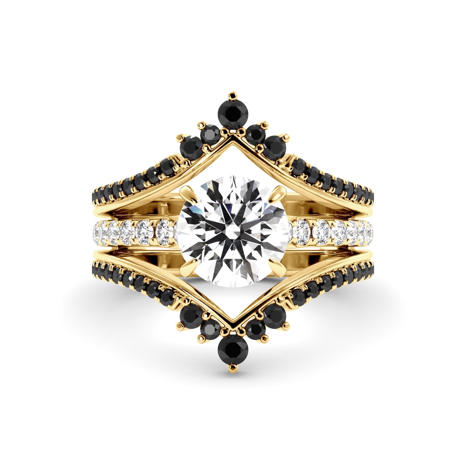Gold Round Engagement Ring Black Diamond Enhancer set 