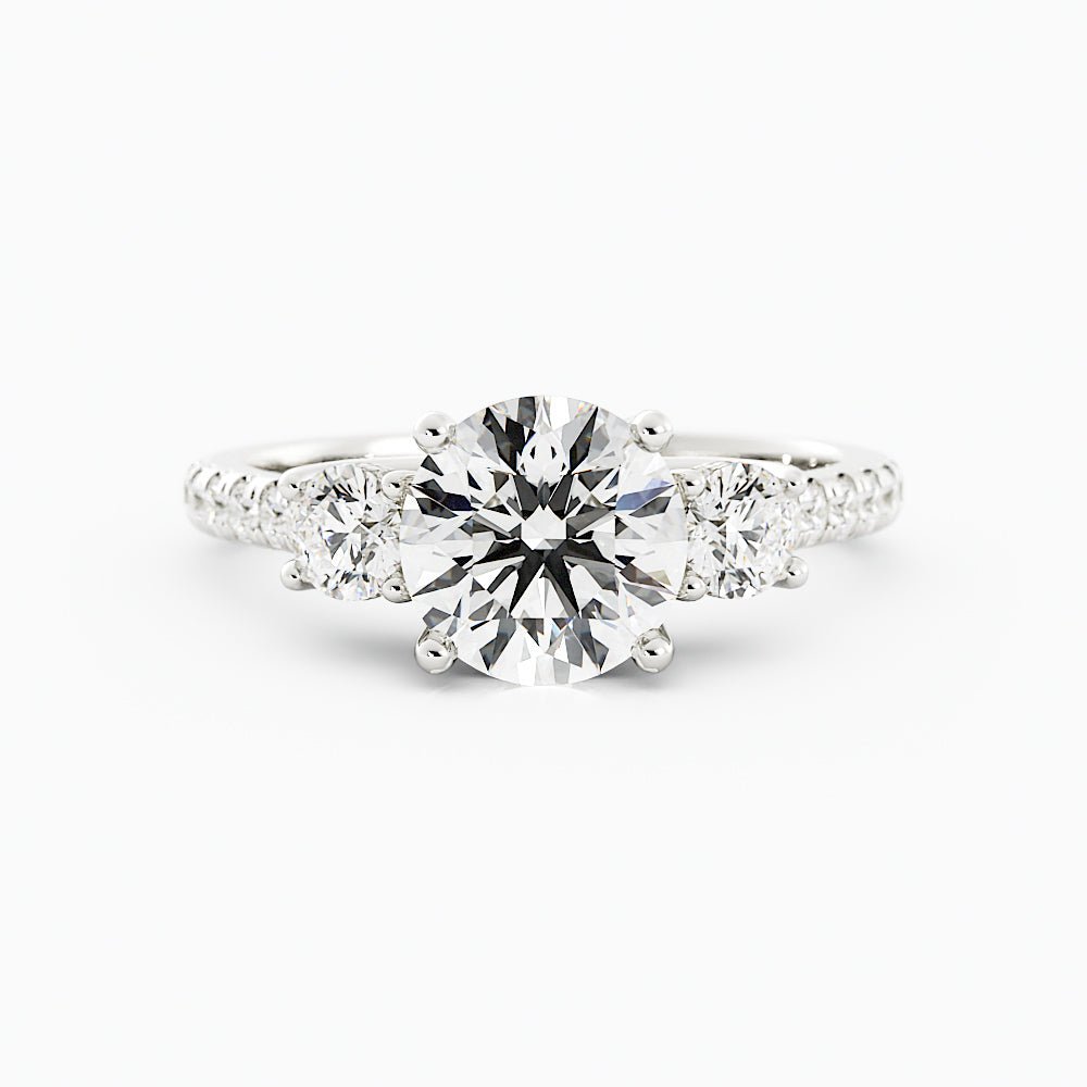 Round Moissanite Three Stone Engagement Ring Pave Band - Balacia