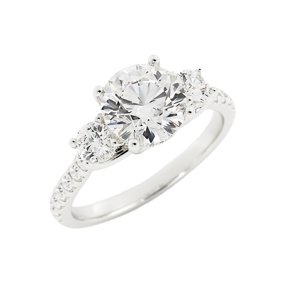 Round Moissanite Three Stone Engagement Ring Pave Band - Balacia