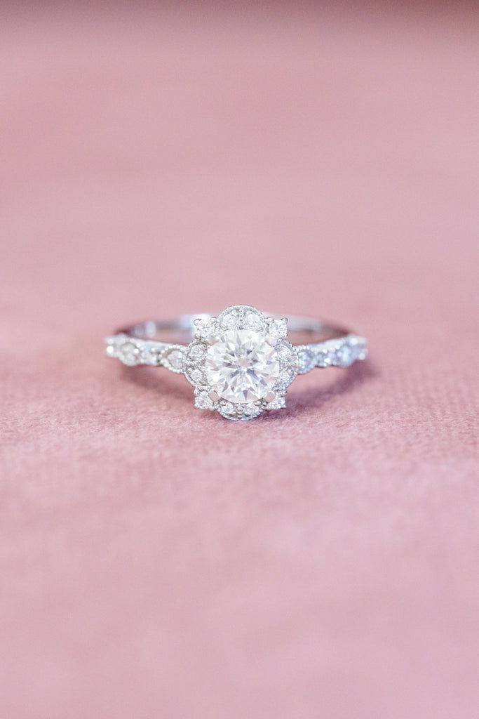 Round Natural Diamond Halo Art Deco Engagement Ring 