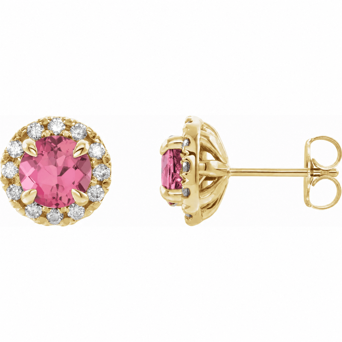 Round Pink Tourmaline Halo Earrings Side View