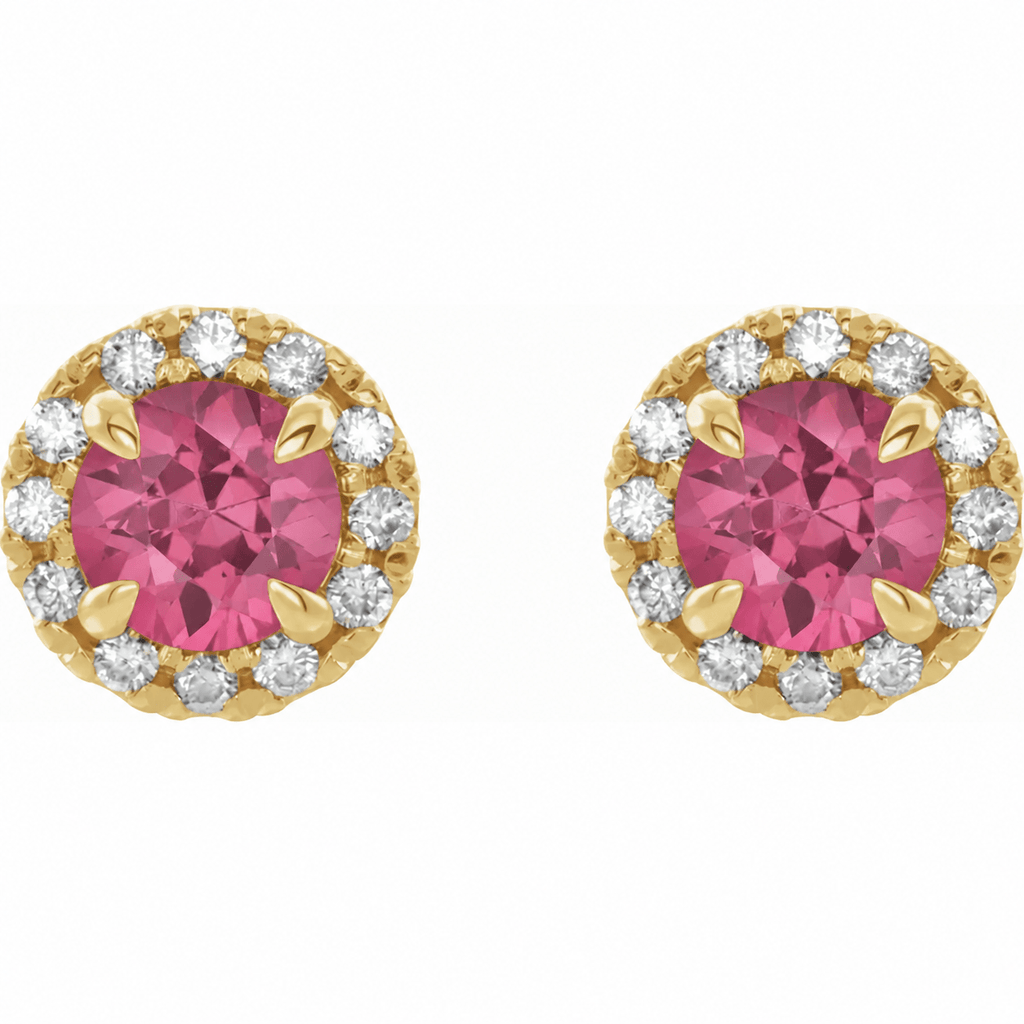 Round Pink Tourmaline Halo Earrings