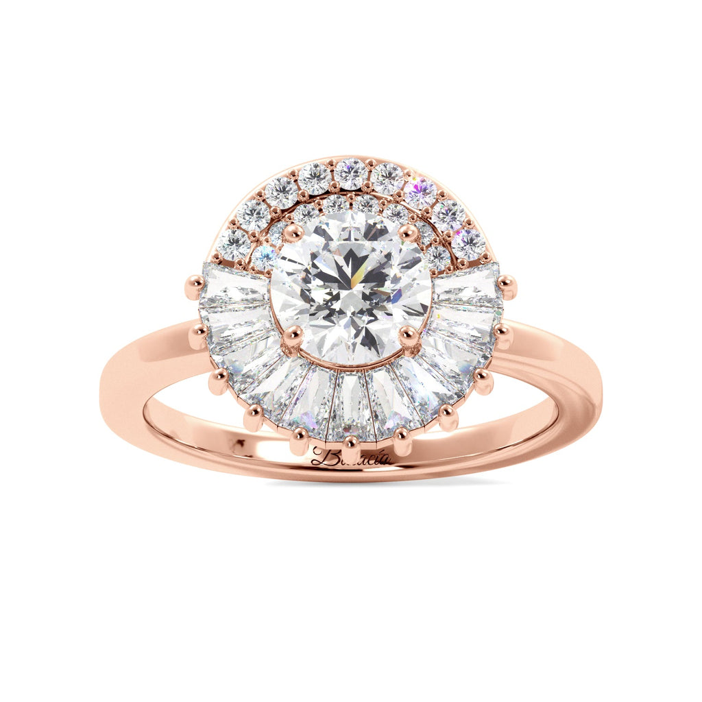 Round Tapered Baguette Halo Solitaire Diamond Engagement Ring - Balacia