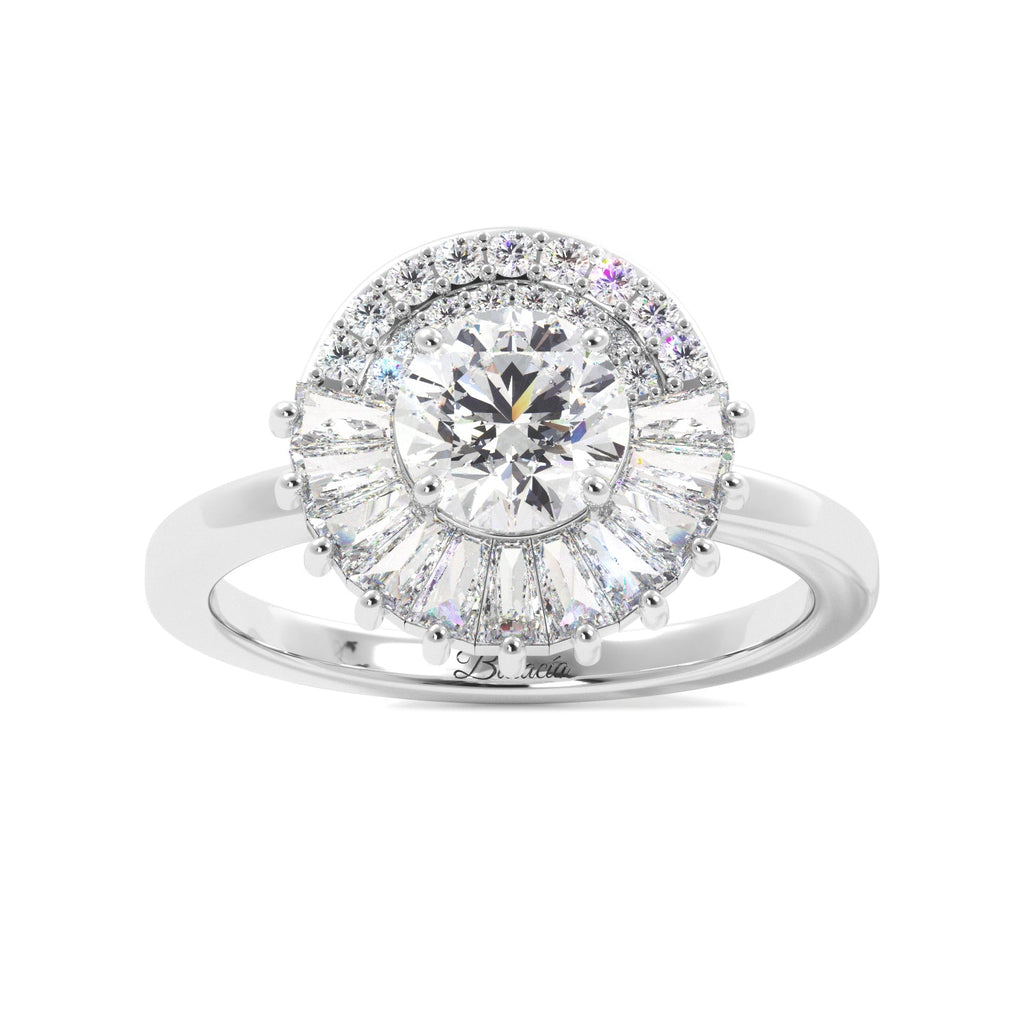 Round Tapered Baguette Halo Solitaire Diamond Engagement Ring - Balacia