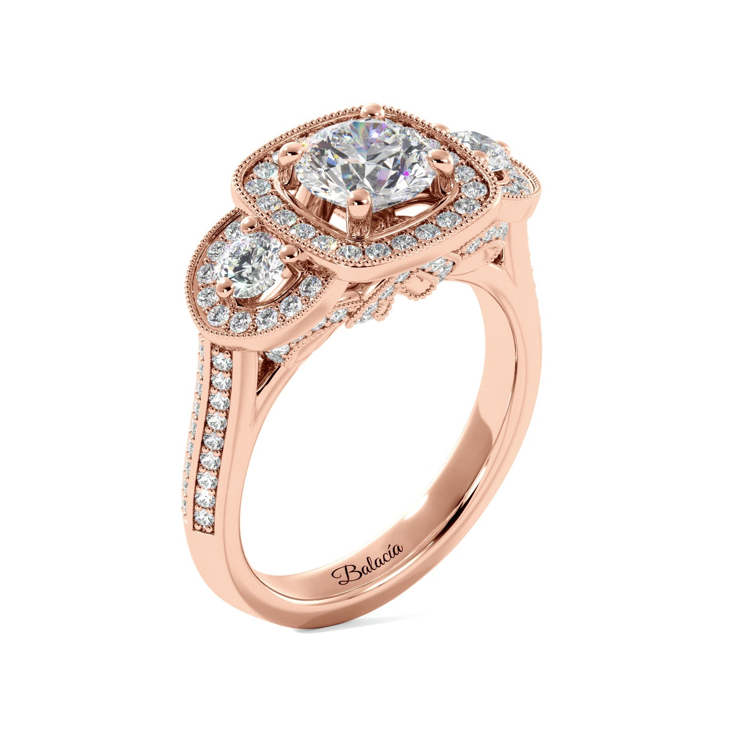 Round Three Stone Vintage Glam Diamond Engagement Ring - Balacia