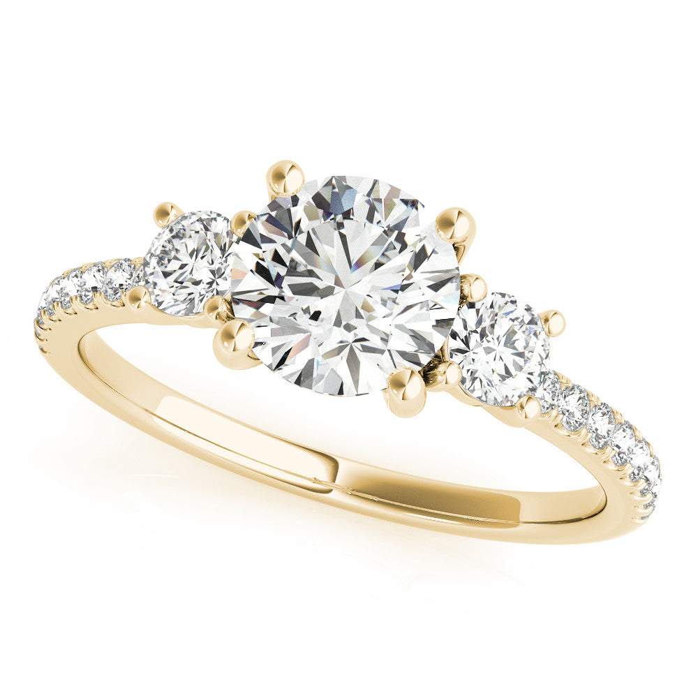 round diamond three stone engagement ring gold