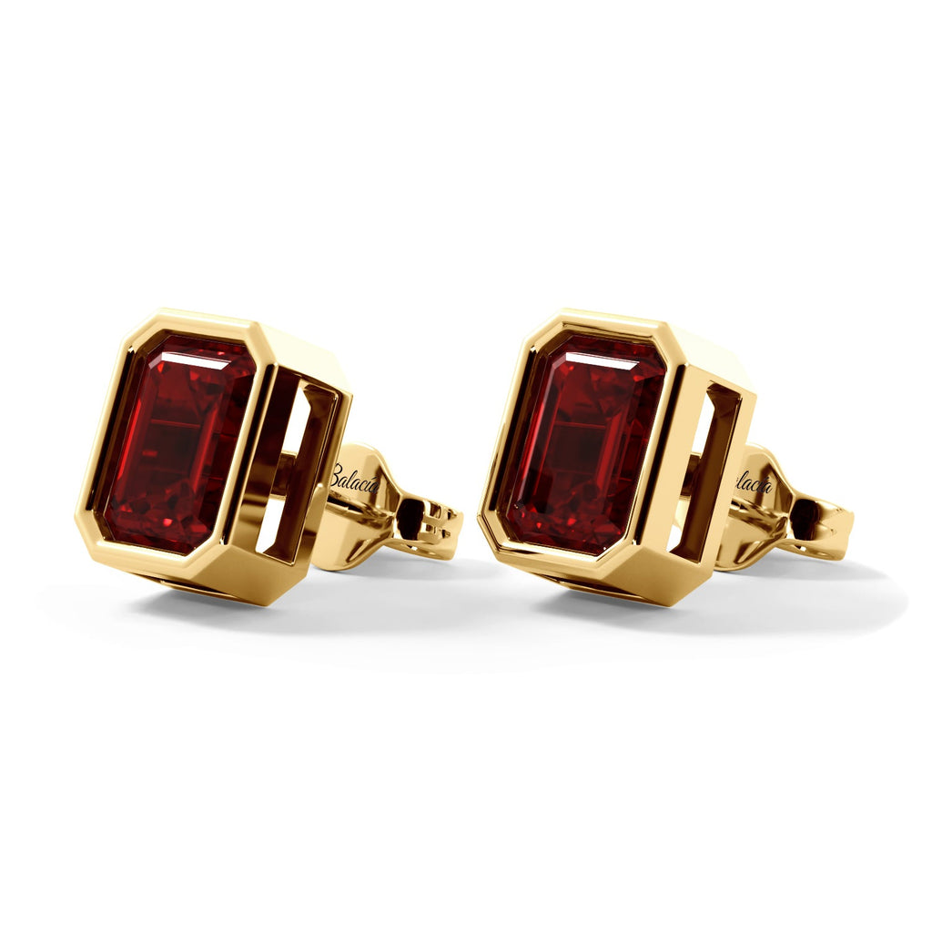 Emerald Cut Ruby Bezel Stud Gold Earrings
