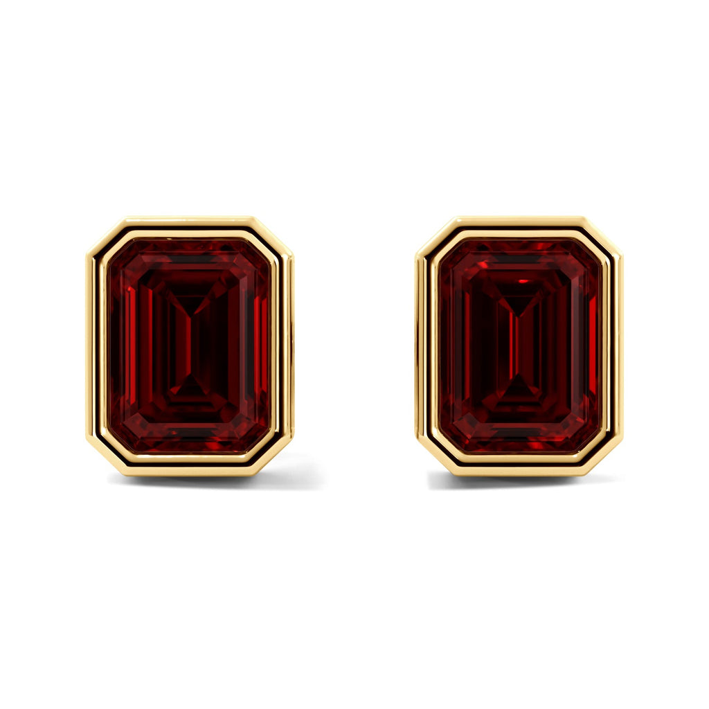 Gold Ruby Emerald Cut Bezel Stud Earrings 