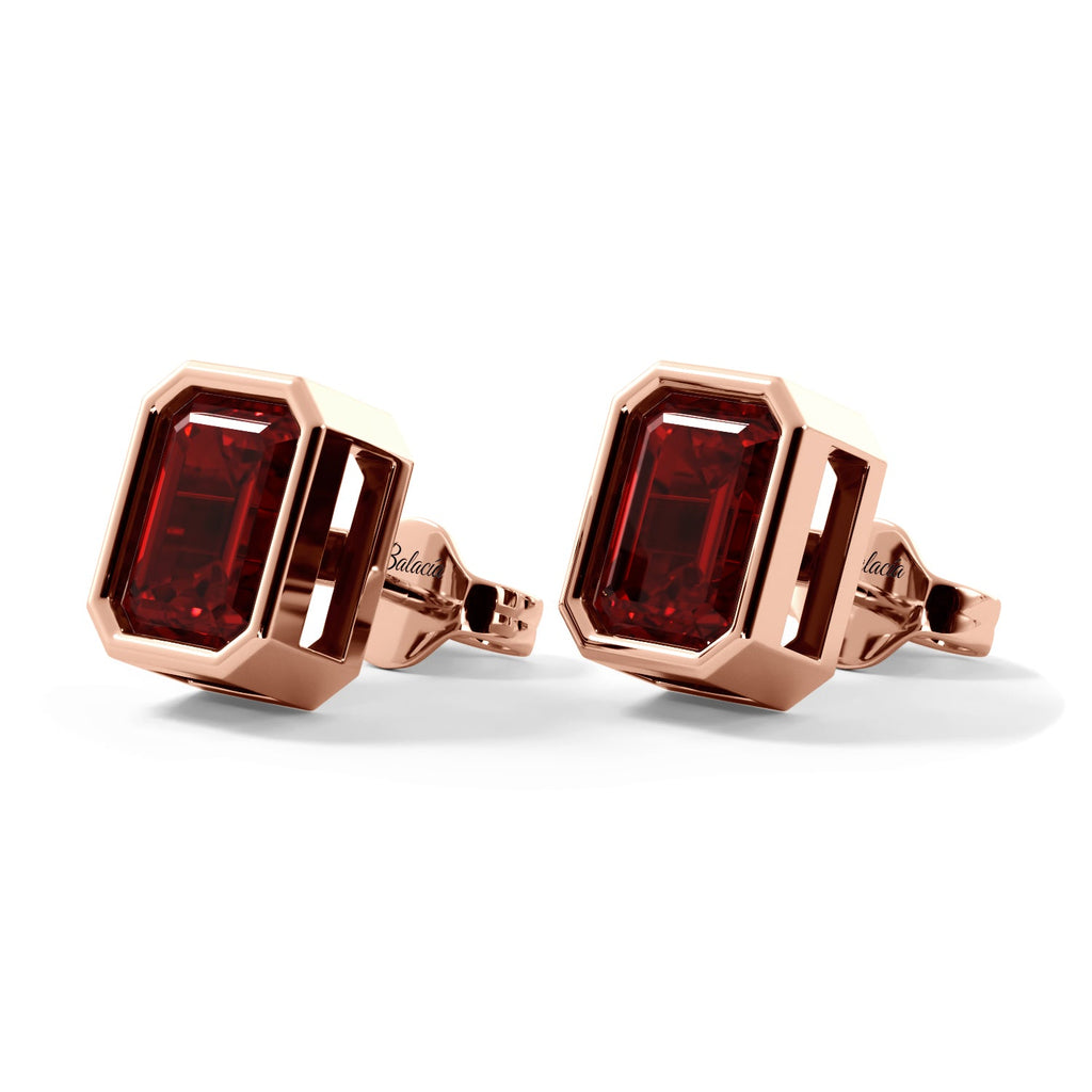 Emerald Cut Ruby Bezel Stud Rose Gold Earrings