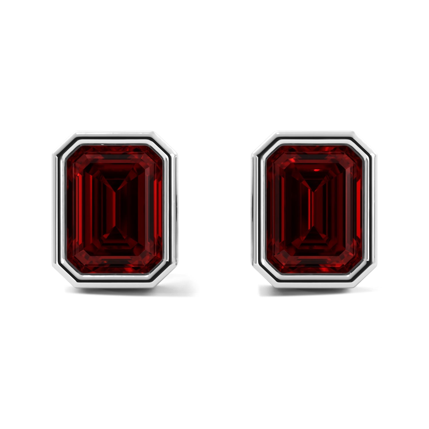 Ruby Emerald Cut Bezel Stud Earrings 