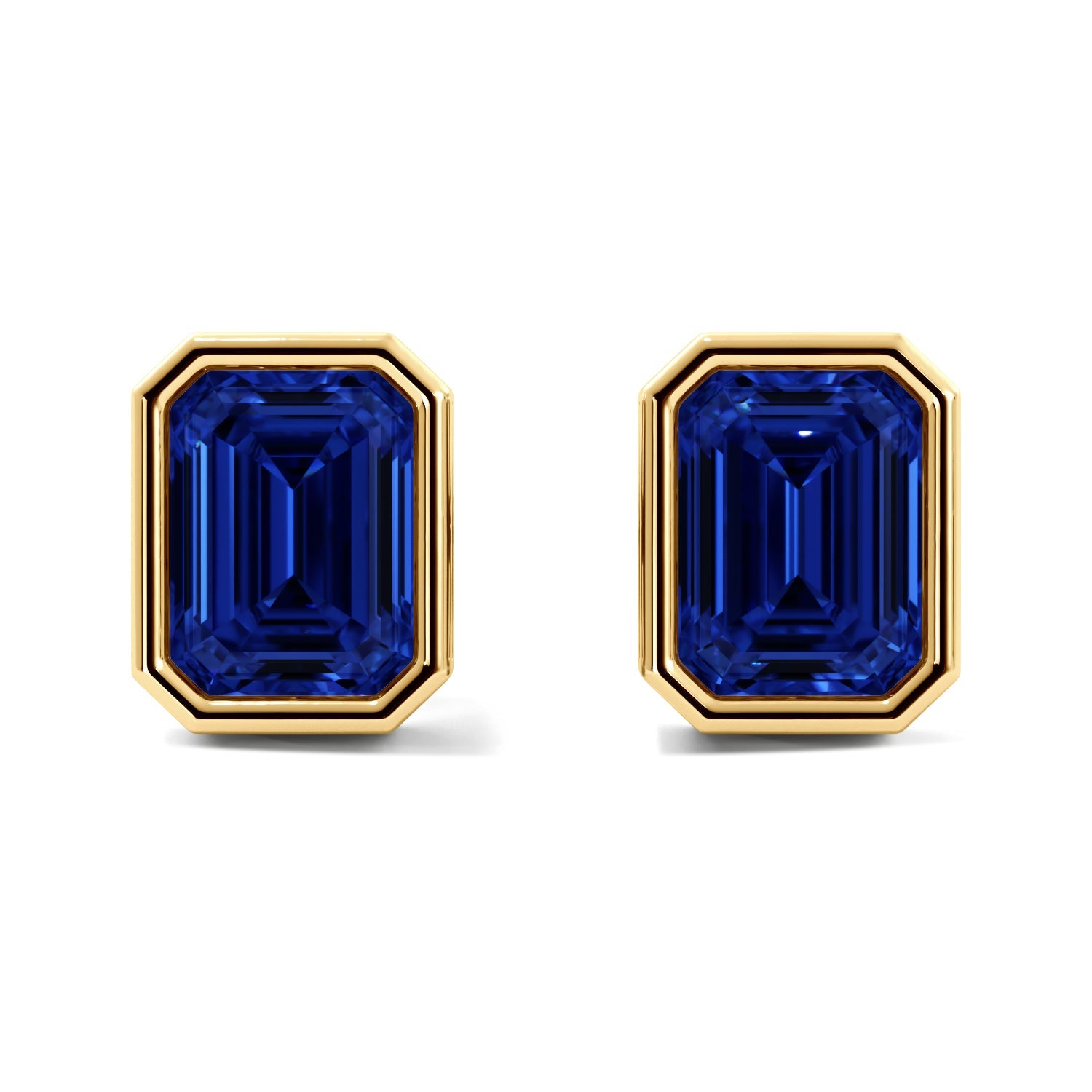 Gold Sapphire Emerald Cut Bezel Stud Earrings 
