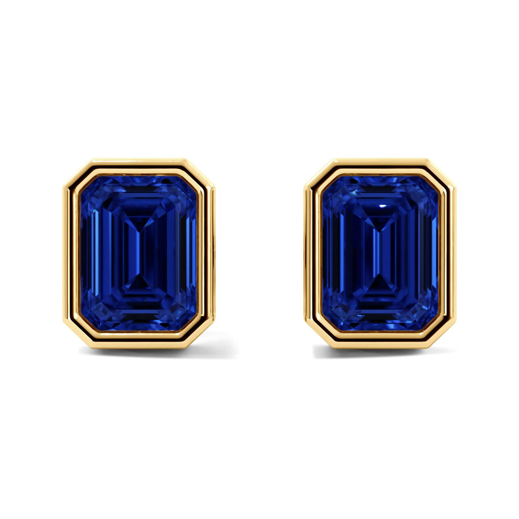 Gold Sapphire Emerald Cut Bezel Stud Earrings 