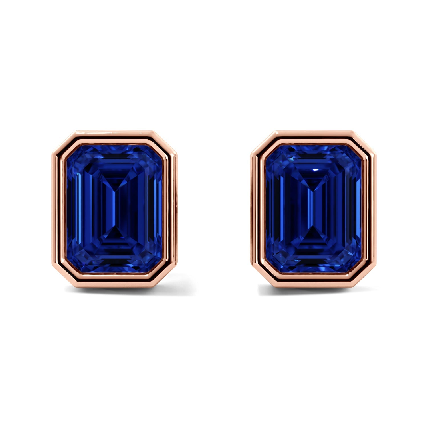 Rose Gold Sapphire Emerald Cut Bezel Stud Earrings 