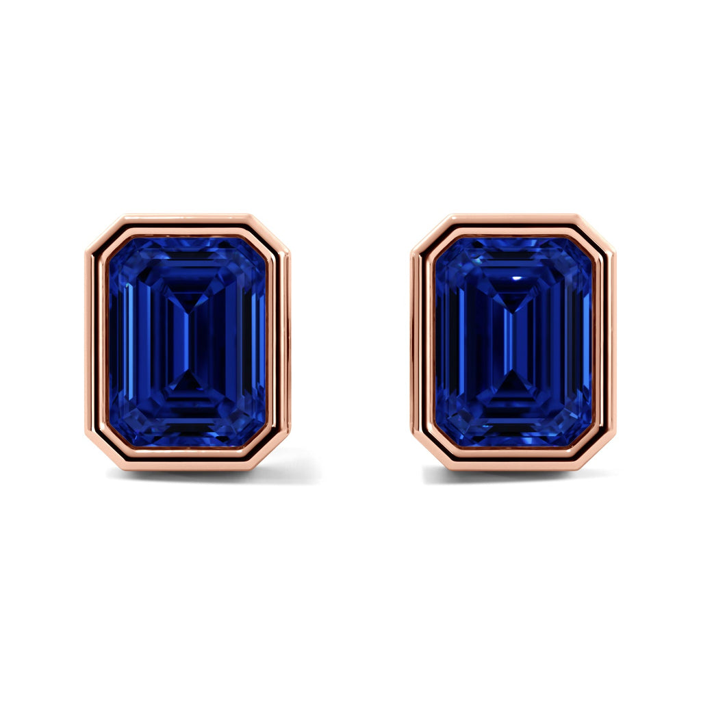 Rose Gold Sapphire Emerald Cut Bezel Stud Earrings 