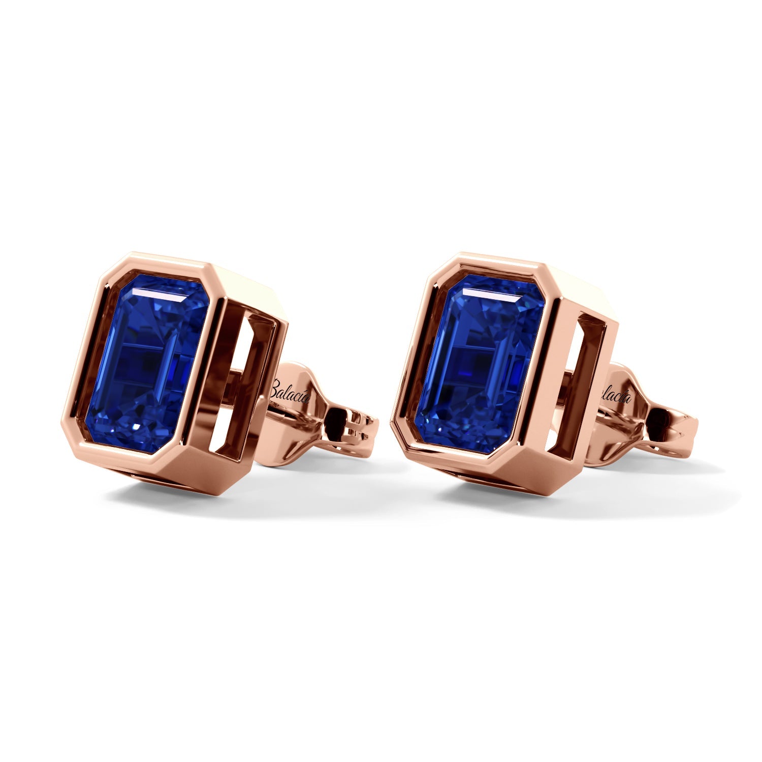 Rose Gold Emerald Cut Blue Sapphire Bezel Stud Earrings