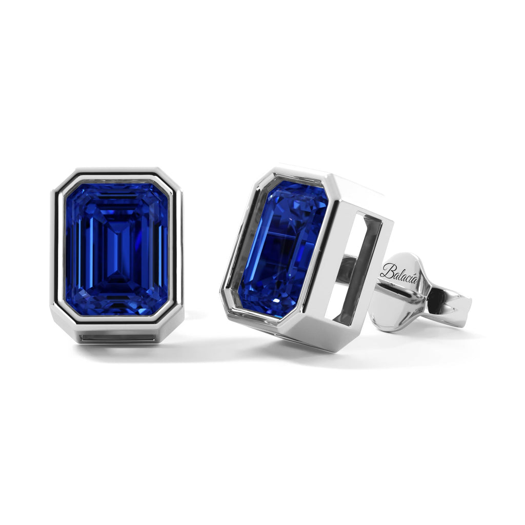 Blue Sapphire Emerald Cut Bezel Stud Earrings 