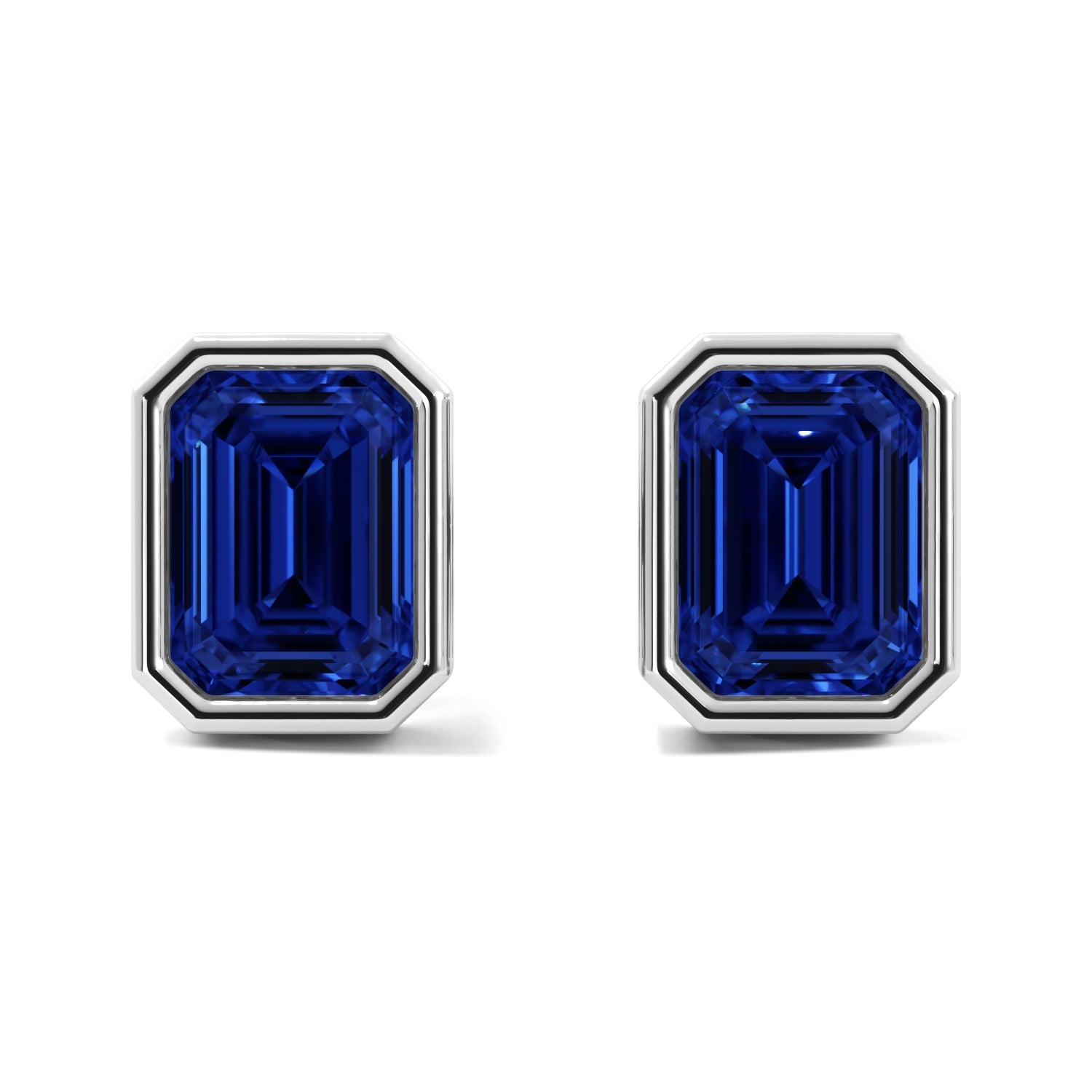 Sapphire Emerald Cut Bezel Stud Earrings 