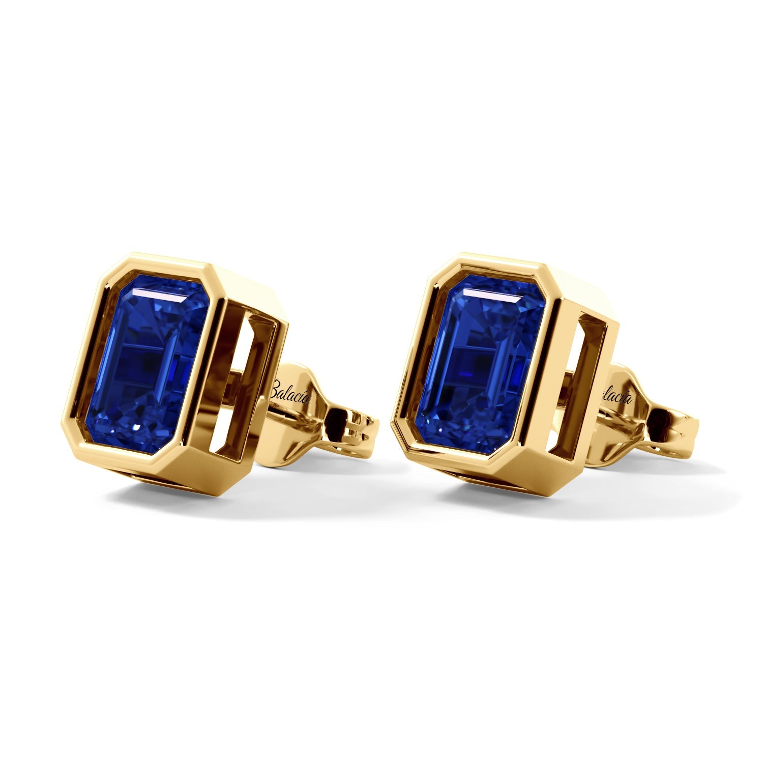 Gold Emerald Cut Blue Sapphire Bezel Stud Earrings