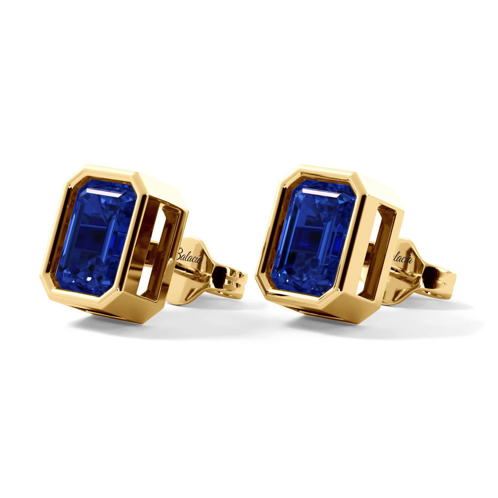 Gold Emerald Cut Blue Sapphire Bezel Stud Earrings