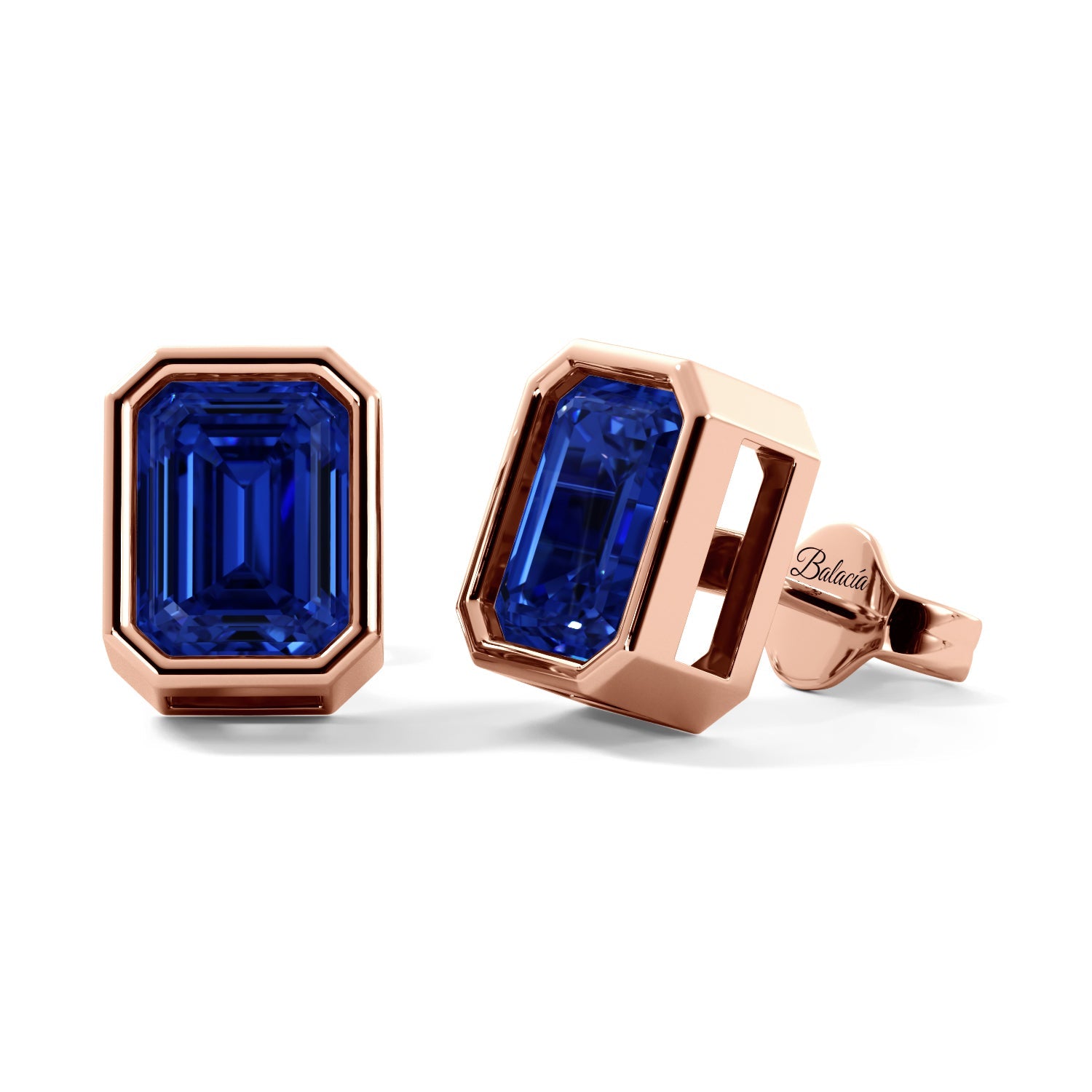 Blue Sapphire Emerald Cut Rose Gold Bezel Stud Earrings 