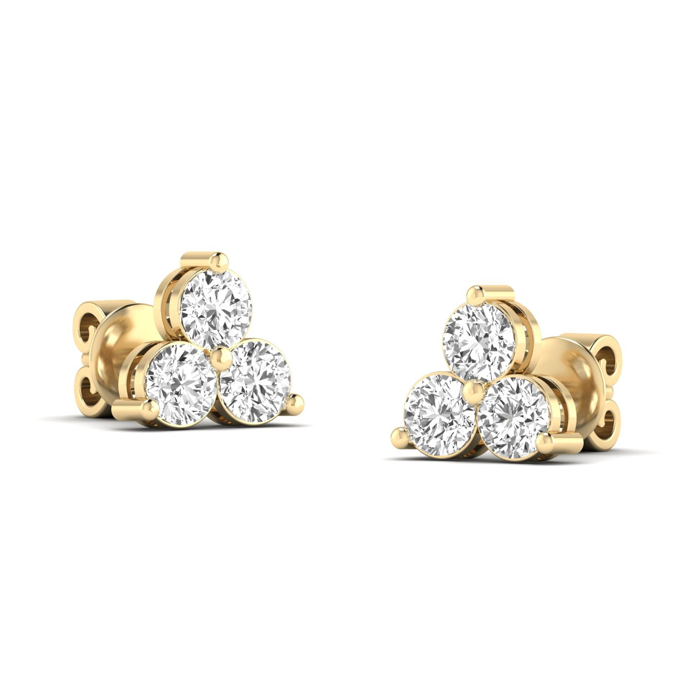 Elegant Trinity round diamond stud earrings set in platinum, symbolizing timeless beauty and sophistication | Yellow Gold | Front View