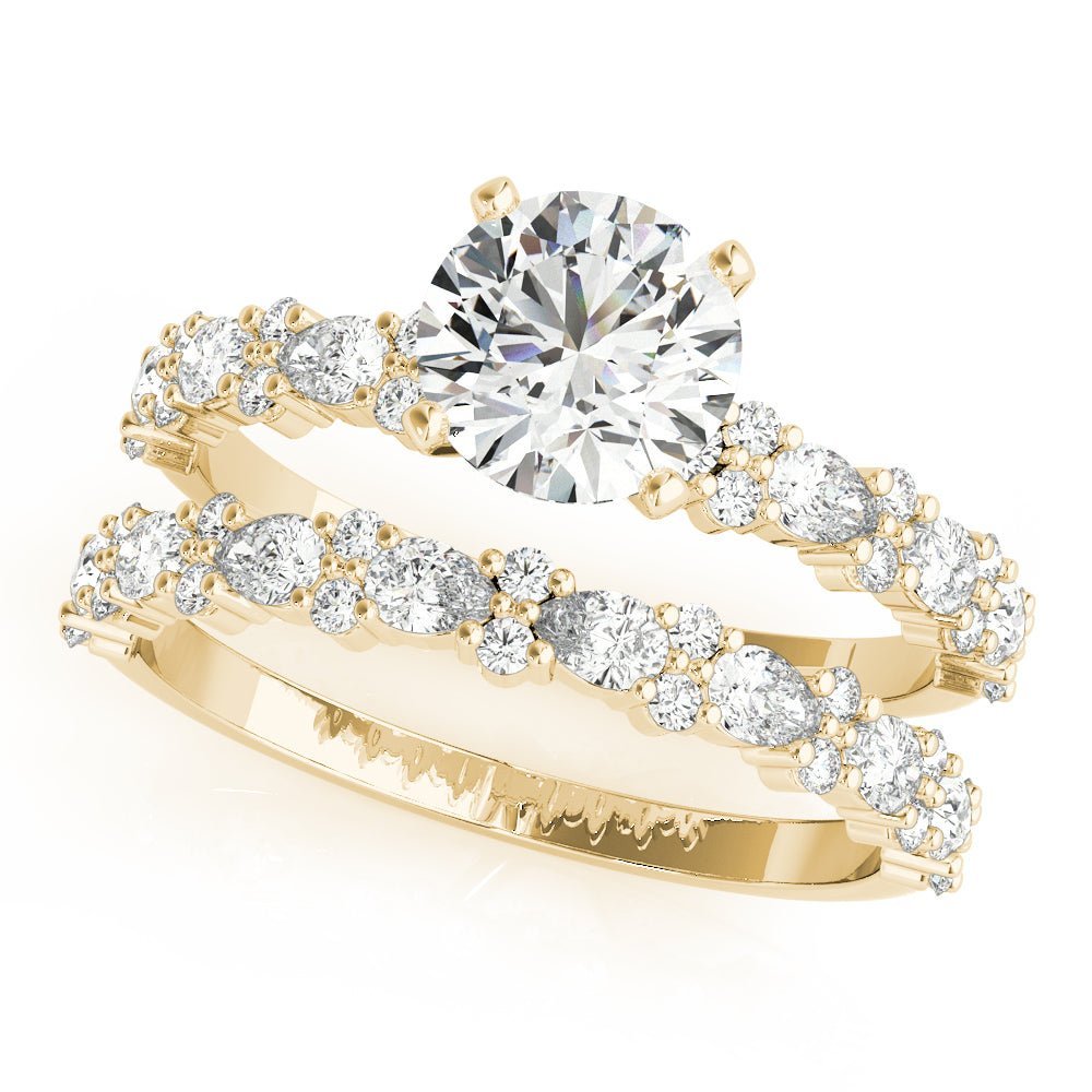 Yellow Gold Round Diamond Multishape Shank Engagement Ring Set