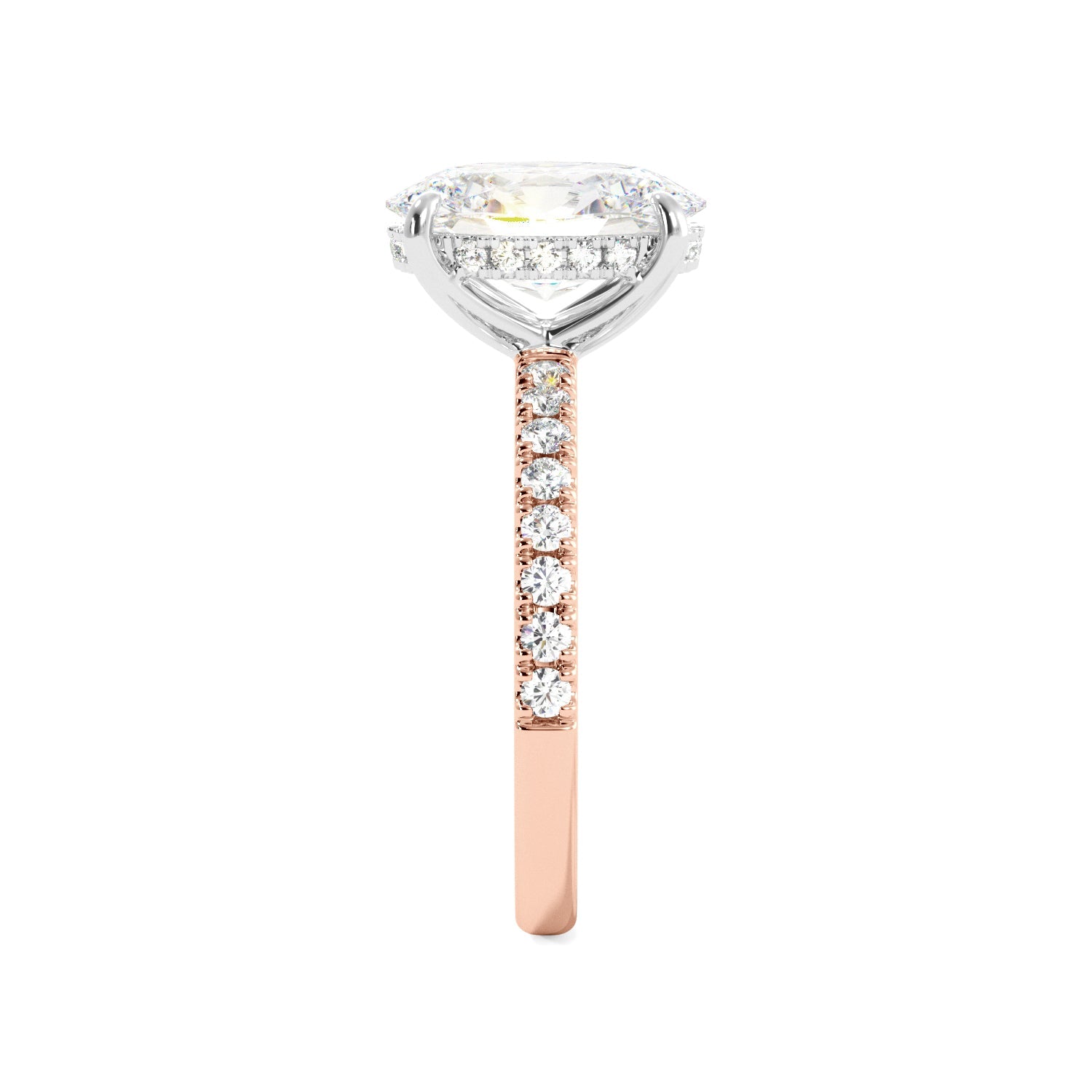 Rose Gold Two Toned Oval Diamond Engagement Ring Side View