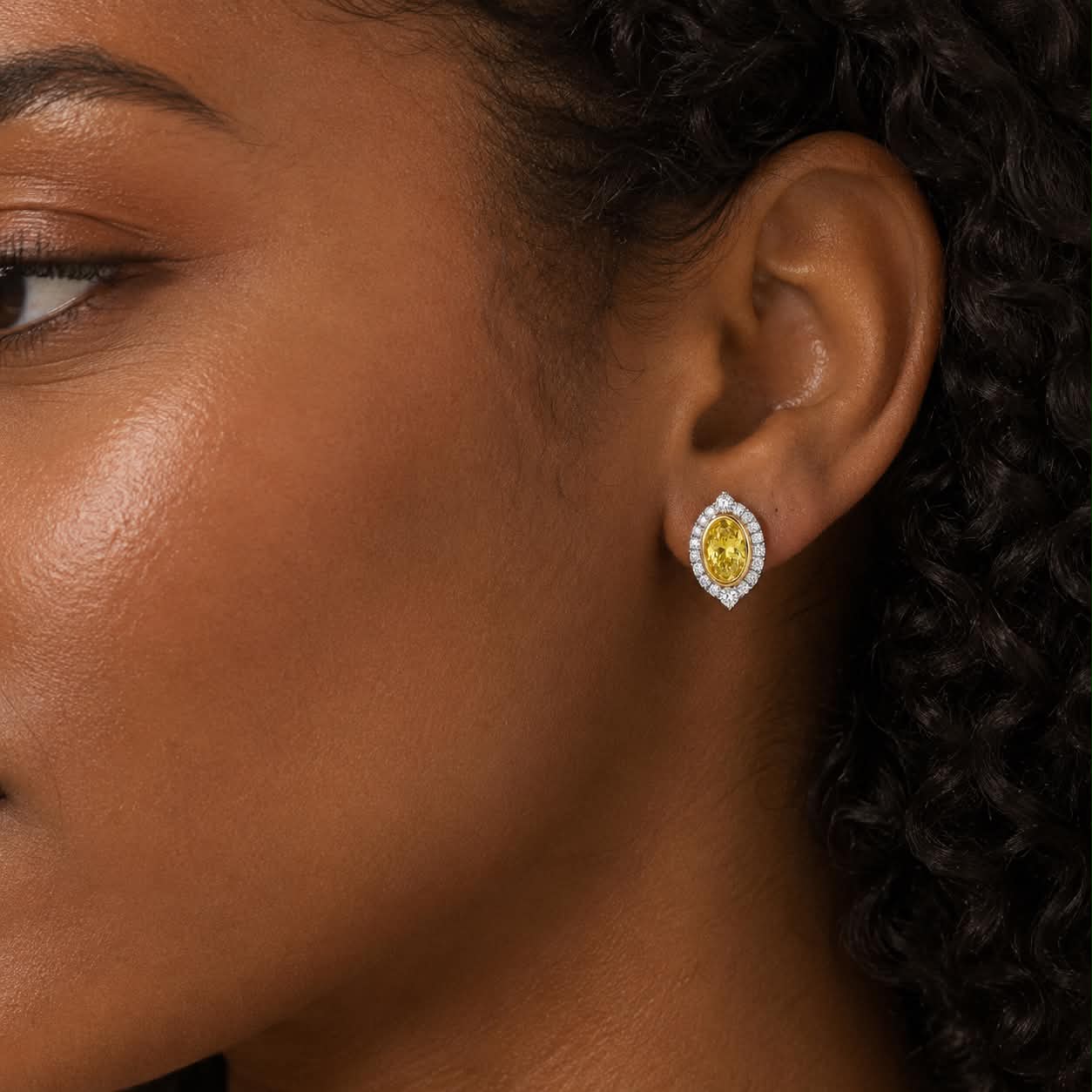 Vintage Yellow Oval Halo Diamond Stud Earrings On Ear