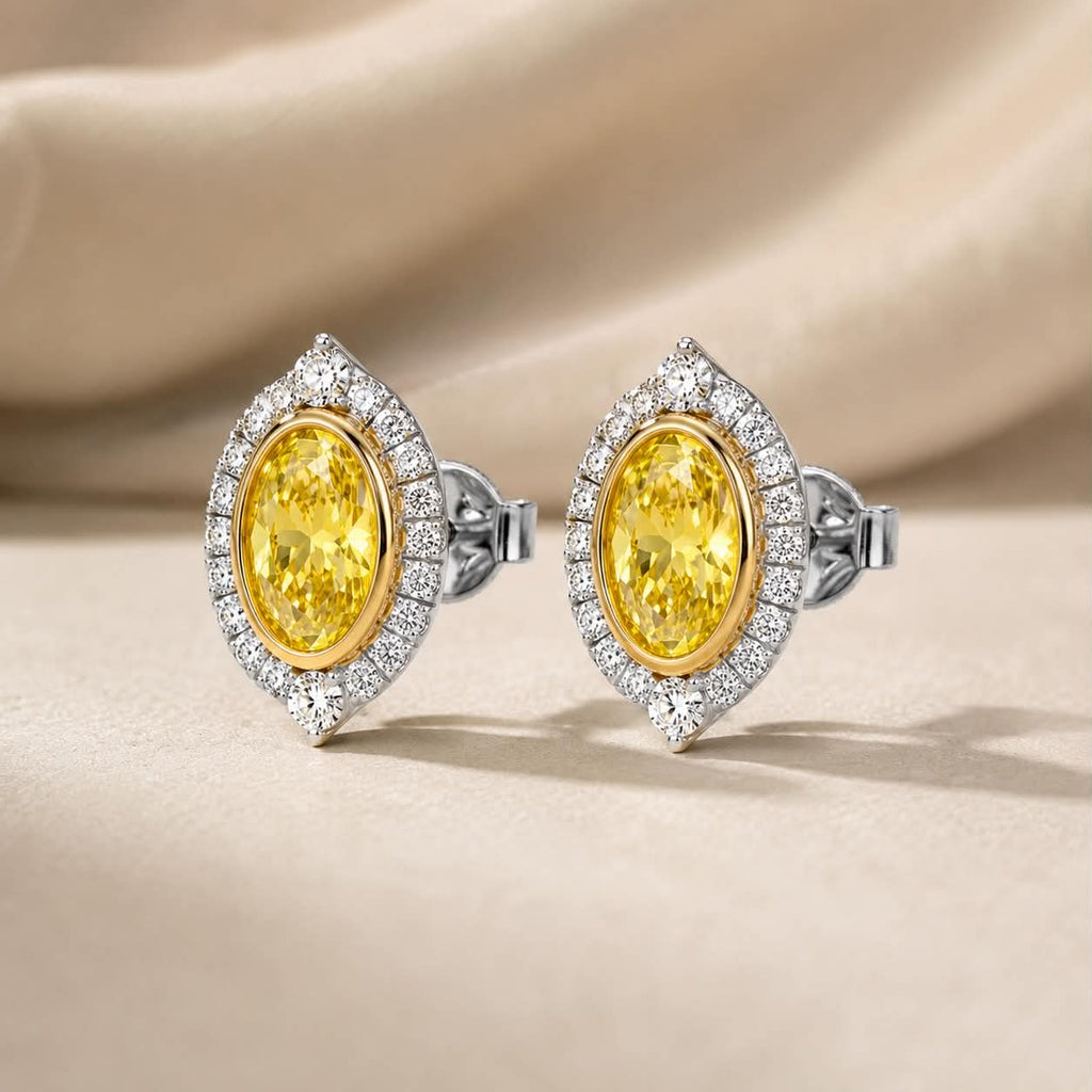 Vintage Yellow Oval Halo Diamond Stud Earrings Side