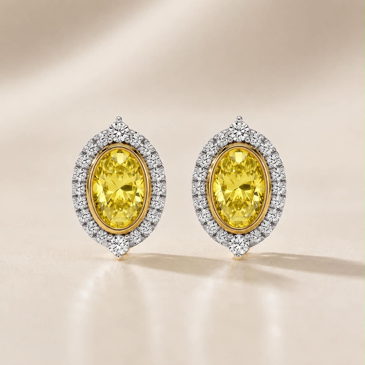 Vintage Yellow Oval Halo Diamond Stud Earrings