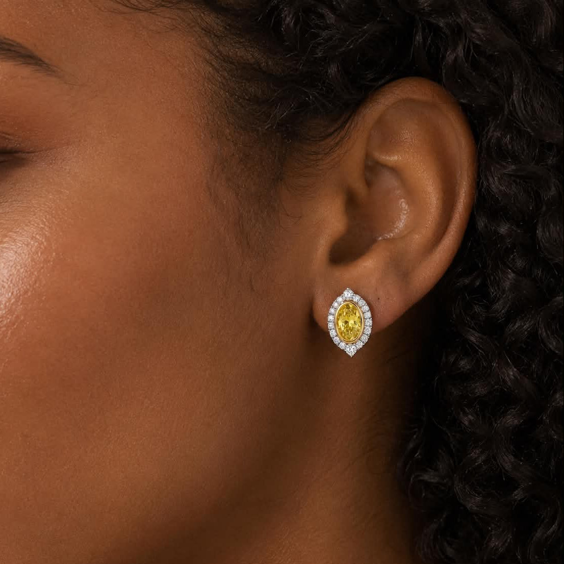 Vintage Yellow Oval Halo Diamond Stud Earrings On Ear