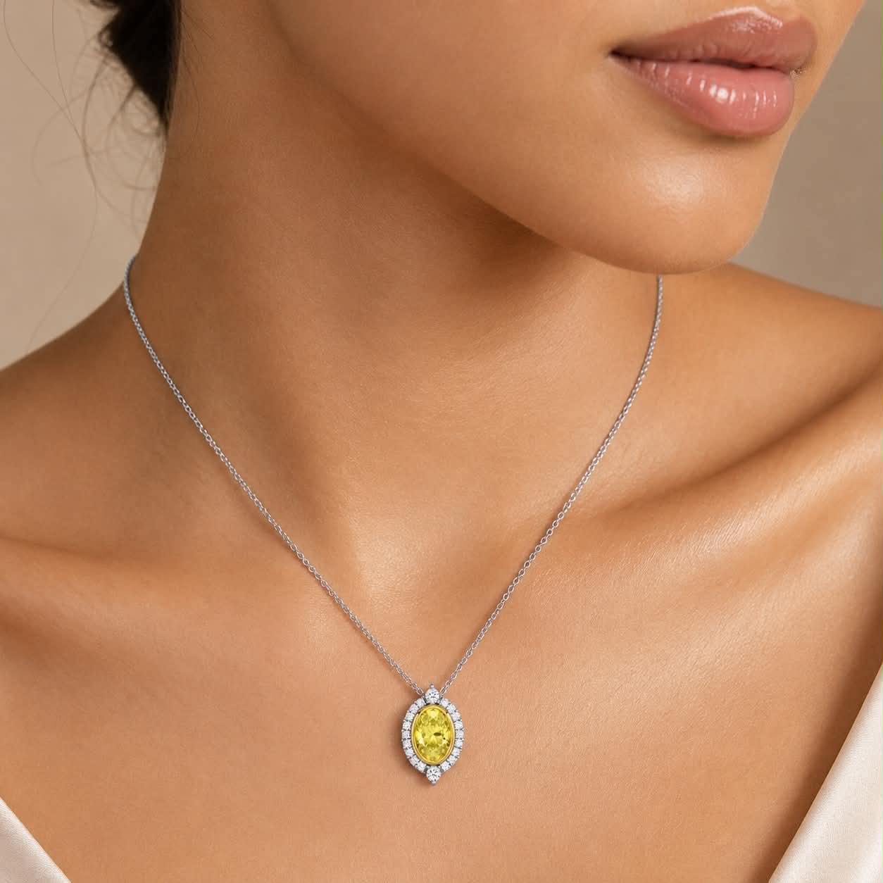 Yellow Diamond Vintage Inspired Halo Heirloom Necklace On Neck
