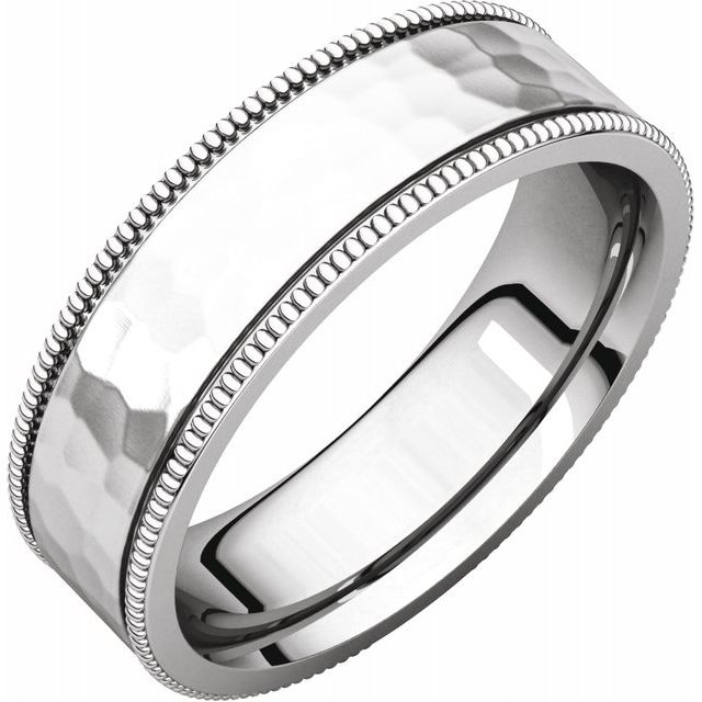 14K White 6 mm Flat Milgrain Band with Satin &amp; Hammer Finish