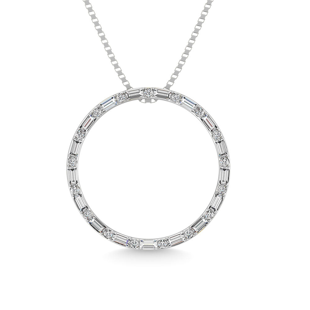 DIAMOND 1/5 CT.TW. ROUND AND BAGUETTE CUT OPEN CIRCLE PENDANT IN 10K WHITE GOLD