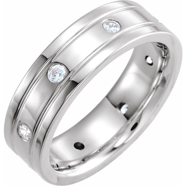 14K White 1/2 CTW Diamond Double Grooved Band