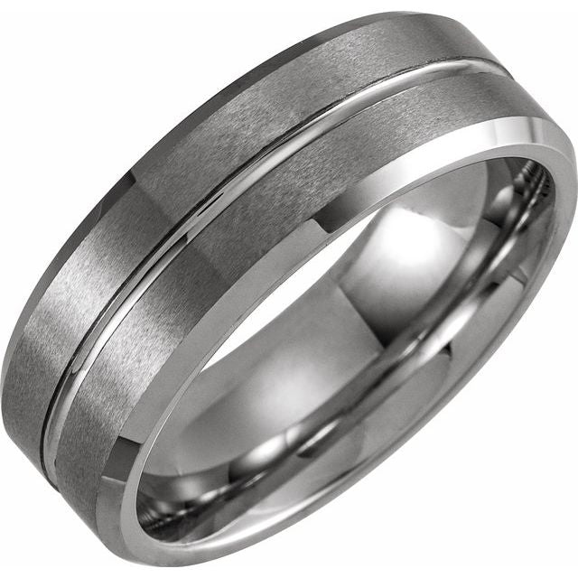 White PVD Tungsten 8 mm Grooved Beveled-Edge Band with Matte Finish