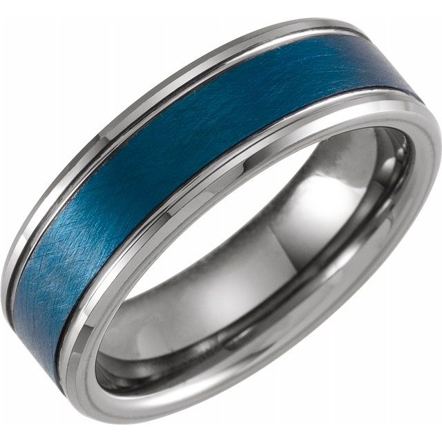 Blue PVD Tungsten 7 mm Grooved Beveled-Edge Band