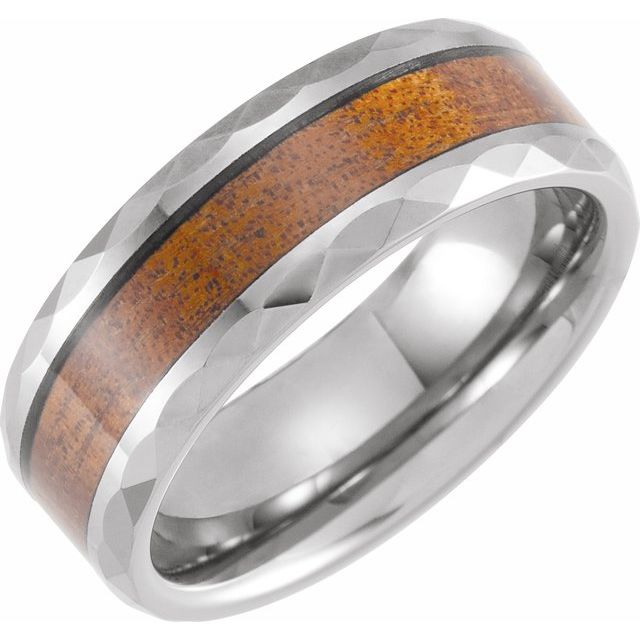 Tungsten 8 mm Beveled-Edge Band with Acacia Wood Inlay