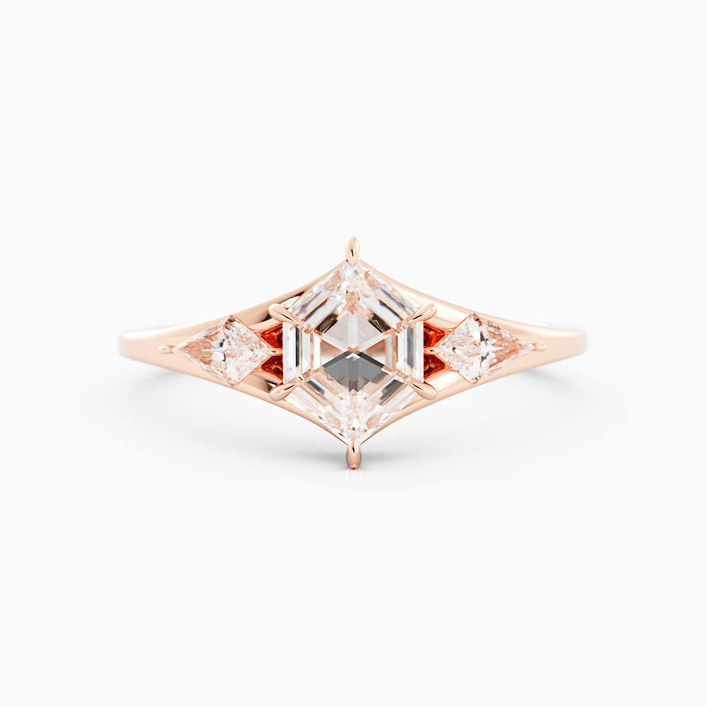 1.8 Salt and Pepper Hexagon Cut Moissanite Engagement Ring 14k Rose Gold